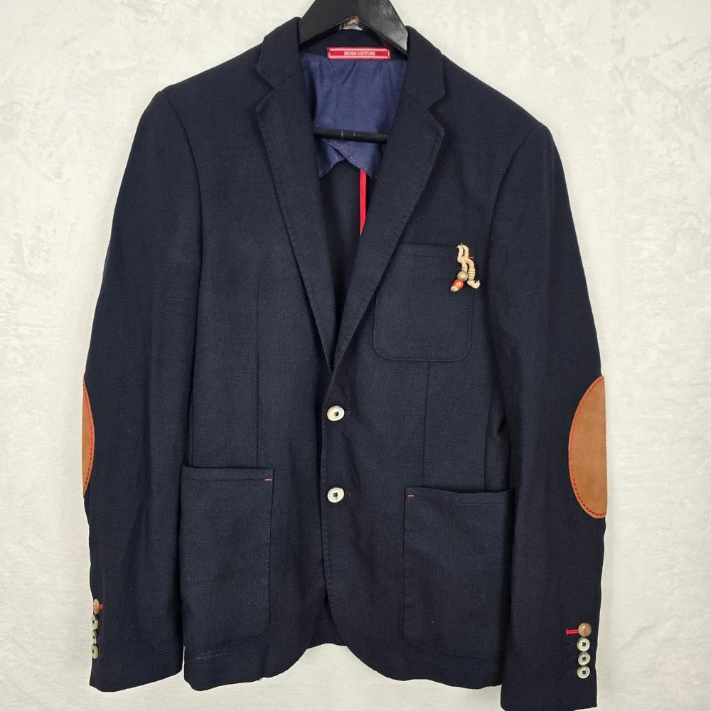 Zara Man Denim Couture Navy Blue 100% Wool Blazer Elbow Patches Mens 36 US 46 EU